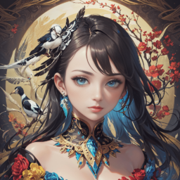 Anime versione – Female totem bird spirit, peacock, magpie, owl, eagle, bird of paradise